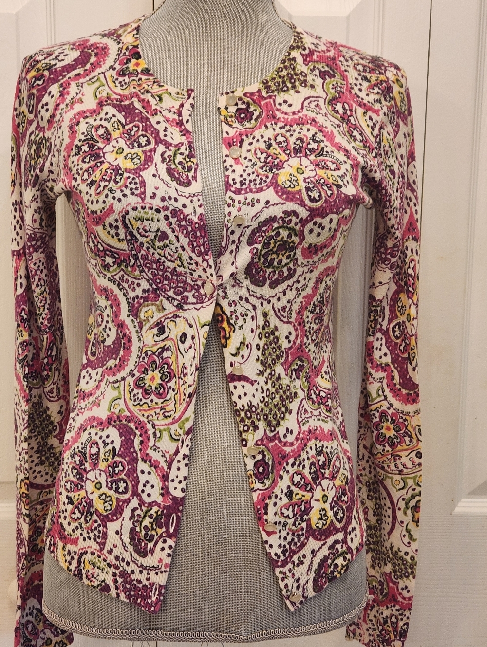 Ann Taylor LOFT Women's Printed Crewneck Cardigan - Pink Floral Paisley XS